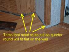 When installing quarter round in mobile homes after the laminate flooring is installed,these trims need to be cut first.