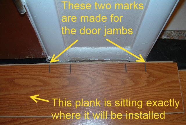 Hallways, installing the last row of laminate flooring in hallway under door jamb requires that you mark where the door jambs are so you can take measurements.