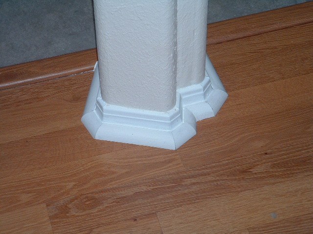 Installing quarter round on round corners, around an odd shaped pillar, After photo.