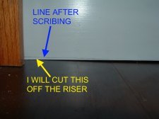 After scribing with the pencil, I will cut along this line with my table saw