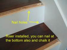 Here are the nail holes in the riser that can be filled in with chalk or a matching wood putty
