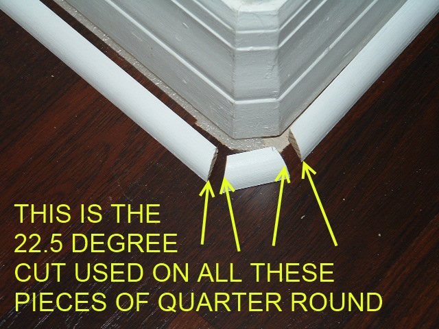 Installing quarter round on round corners,this shows how to cut the quarter round at 22.5 degree so the quarter round can be installed on a rounded corner.