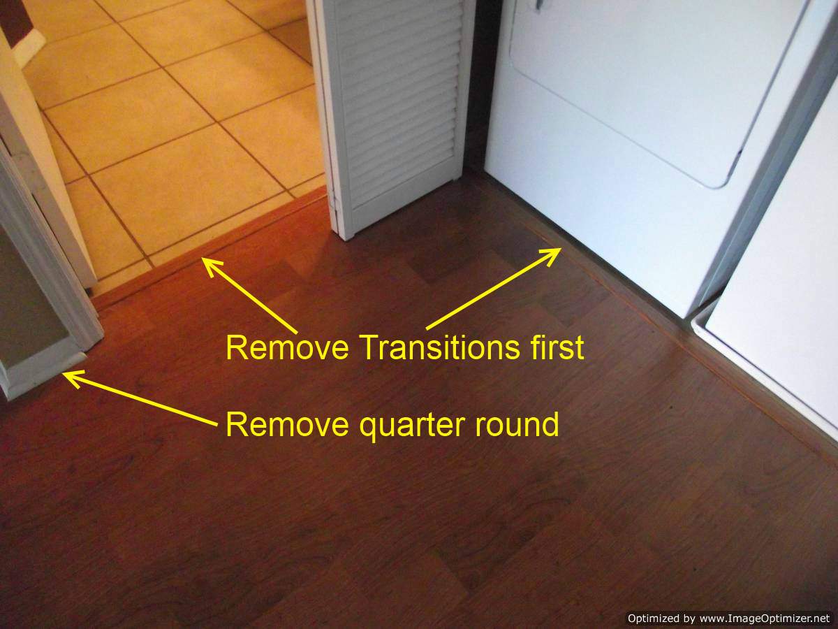 Water damaged laminate flooring,remove transitions and quarter round first.