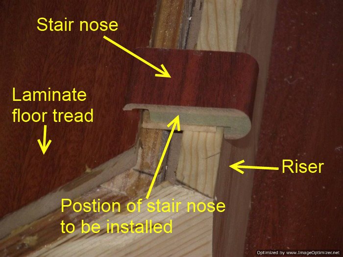 Installing laminate flooring on angled stairs, position the stair nose on the riser so it sits level.