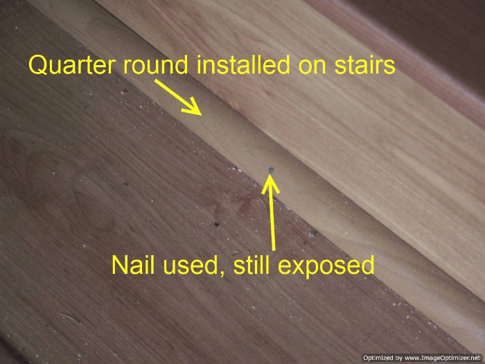 Bad laminate stair installation. It had quarter round installed on them to hide the uneven fit between the riser and the tread.